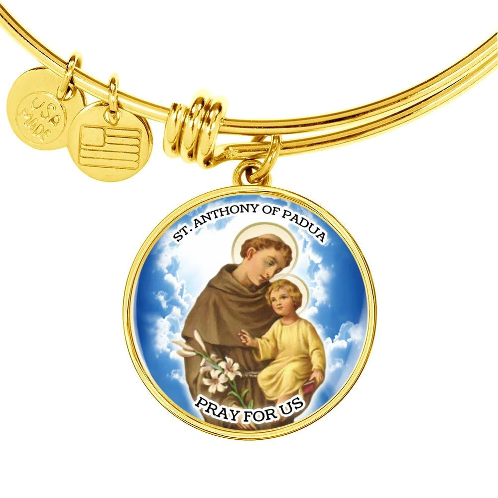 Catholic St. Anthony Personalized Engraved Gold Circle Bangle Bracelet Custom N